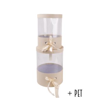 SADA PAPIEROVÝCH KRABÍC, 2 KUSY, OKRÚHLE, S OKIENKOM, VINTAGE KRÉMOVÁ