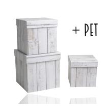 SADA PAPIEROVÝCH KRABÍC, 3 KUSY, KOCKA, BIELY VZOR S EFEKTOM DREVA