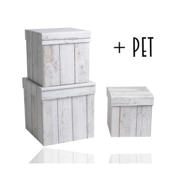 SADA PAPIEROVÝCH KRABÍC, 3 KUSY, KOCKA, BIELY VZOR S EFEKTOM DREVA