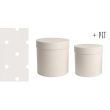 SADA PAPIEROVÝCH ŠKATULIEK, 2 KUSY, OKRÚHLE, TICHÉ S BIELYMI BODKAMI + ZVIERATKO