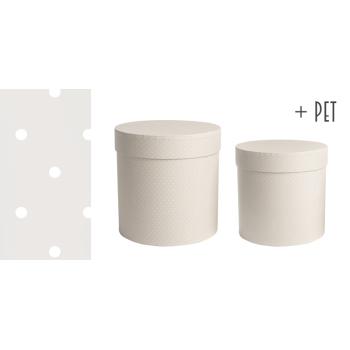 SADA PAPIEROVÝCH ŠKATULIEK, 2 KUSY, OKRÚHLE, TICHÉ S BIELYMI BODKAMI + ZVIERATKO