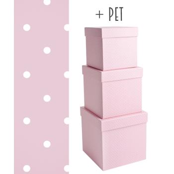 SADA PAPIEROVÝCH KRABÍC, 3 KUSY, ŠTVORCOVÁ, CUKRÍKOVO RUŽOVÁ, S TICHÝMI BODKAMI + ZVIERATKO