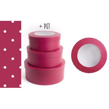 SADA PAPIEROVÝCH KRABÍC, 3 KUSY, OKRÚHLE, S OKIENKOM, PERZSKÁ ČERVENÁ, TICHÉ BODKY + ZVIERATKO