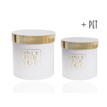 PAPIEROVÁ ŠKATUĽKA S PLASTOVOU VLOŽKOU, 2 KUSY, OKRÚHLA, BIELA, SO ZLATÝM RÁMČEKOM A NÁPISOM "ONLY FOR YOU"