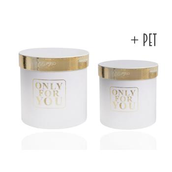 PAPIEROVÁ ŠKATUĽKA S PLASTOVOU VLOŽKOU, 2 KUSY, OKRÚHLA, BIELA, SO ZLATÝM RÁMČEKOM A NÁPISOM "ONLY FOR YOU"
