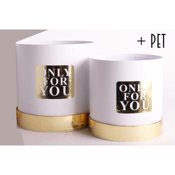 PAPIEROVÁ KRABIČKA S PLASTOVOU VLOŽKOU, 2 KUSY, OKRÚHLA, BIELA, MASÍVNE ZLATO S NÁPISOM "ONLY FOR YOU"