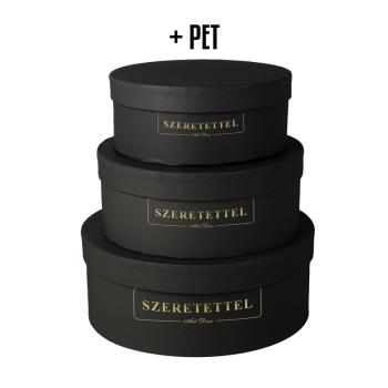 PAPIEROVÁ KRABIČKA S PLASTOVOU VLOŽKOU, 3 KUSY, OKRÚHLA, ČIERNA, ZLATÝ RÁMIK S NÁPISOM "SZERETETTEL"