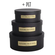 PAPIEROVÁ KRABIČKA S PLASTOVOU VLOŽKOU, 3 KUSY, OKRÚHLA, ČIERNA, MASÍVNY ZLATÝ NÁPIS "SZERETETTEL"