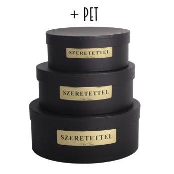 PAPIEROVÁ KRABIČKA S PLASTOVOU VLOŽKOU, 3 KUSY, OKRÚHLA, ČIERNA, MASÍVNY ZLATÝ NÁPIS "SZERETETTEL"