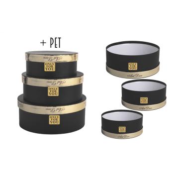 PAPIEROVÁ KRABIČKA S PLASTOVOU VLOŽKOU, 3 KUSY, OKRÚHLA, ČIERNA, MASÍVNE ZLATÁ S NÁPISOM "ONLY FOR YOU"