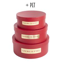 PAPIEROVÁ ŠKATUĽKA S PLASTOVOU VLOŽKOU, 3 KUSY, OKRÚHLA, ŠARLÁTOVO ČERVENÁ, MASÍVNY ZLATÝ NÁPIS "SZERETETTEL"