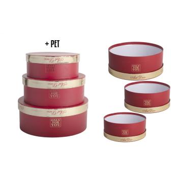 PAPIEROVÁ KRABIČKA S PLASTOVOU VLOŽKOU, 3 KUSY, OKRÚHLA, ŠARLÁTOVO ČERVENÁ, ZLATÝ RÁM S NÁPISOM "ONLY FOR YOU"