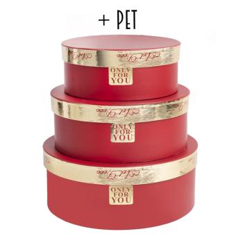 PAPIEROVÁ ŠKATUĽKA S PLASTOVOU VLOŽKOU, 3 KUSY, OKRÚHLA, ŠARLÁTOVO ČERVENÁ, MASÍVNY ZLATÝ NÁPIS "ONLY FOR YOU"