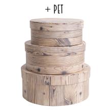 SADA PAPIEROVÝCH KRABÍC S PLASTOVOU VLOŽKOU, 3 KUSY, OKRÚHLA, BOROVICOVÁ DOSKA