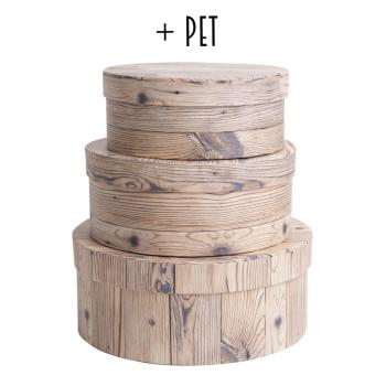 SADA PAPIEROVÝCH KRABÍC S PLASTOVOU VLOŽKOU, 3 KUSY, OKRÚHLA, BOROVICOVÁ DOSKA