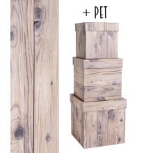 SADA PAPIEROVÝCH KRABÍC S PLASTOVOU VLOŽKOU, 3 KUSY, ŠTVORCOVÁ, BOROVICOVÁ DOSKA