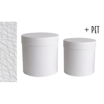 SADA PAPIEROVÝCH ŠKATÚĽ S PLASTOVOU VLOŽKOU, 2 KUSY, OKRÚHLA, S KOŽENÝM EFEKTOM, BIELA