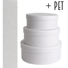 SADA PAPIEROVÝCH ŠKATÚĽ S PLASTOVOU VLOŽKOU, 3 KUSY, OKRÚHLA, S KOŽENÝM EFEKTOM, BIELA