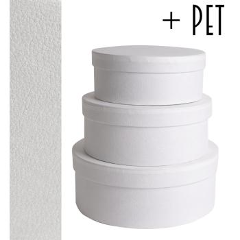 SADA PAPIEROVÝCH ŠKATÚĽ S PLASTOVOU VLOŽKOU, 3 KUSY, OKRÚHLA, S KOŽENÝM EFEKTOM, BIELA