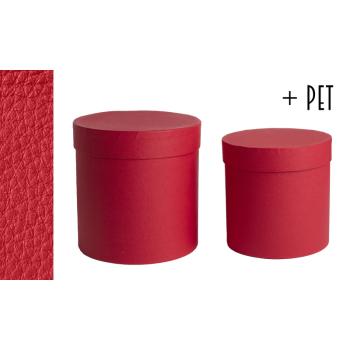 SADA PAPIEROVÝCH KRABÍC S PLASTOVOU VLOŽKOU, 2 KUSY, OKRÚHLY TVAR, KOŽENÝ EFEKT, ČERVENÁ FARBA