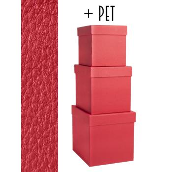 SADA PAPIEROVÝCH ŠKATÚĽ S PLASTOVOU VLOŽKOU, 3 KUSY, ŠTVORCOVÁ, S KOŽENÝM EFEKTOM, ČERVENÁ