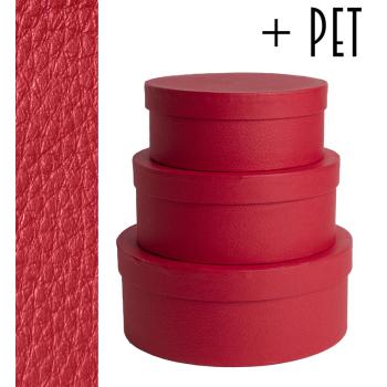 SADA PAPIEROVÝCH KRABÍC S PLASTOVOU VLOŽKOU, 3 KUSY, OKRÚHLY TVAR, KOŽENÝ EFEKT, ČERVENÁ FARBA