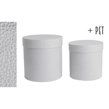 SADA PAPIEROVÝCH ŠKATÚĽ, 2 KUSY, OKRÚHLA, S KOŽENÝM EFEKTOM, SIVÁ