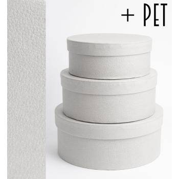 SADA PAPIEROVÝCH ŠKATÚĽ S PLASTOVOU VLOŽKOU, 3 KUSY, OKRÚHLA, SIVÝ KOŽENÝ EFEKT