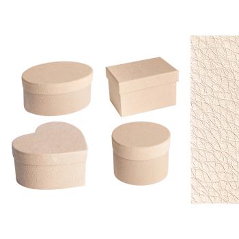 SADA PAPIEROVÝCH KRABÍC, 4 KUSY, NIEKOĽKO DRUHOV, KOŽENÝ ZÁVES