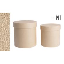 SADA PAPIEROVÝCH KRABÍC S PLASTOVOU VLOŽKOU, 2 KUSY, OKRÚHLY TVAR, KOŽENÝ ZÁVES