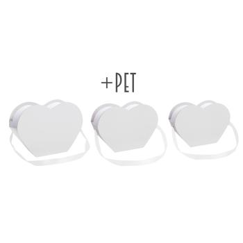 SADA PAPIEROVÝCH ŠKATULIEK S PLASTOVOU VLOŽKOU, 3 KUSY, V TVARE SRDCA, S CHLOPŇOU SO STUHOU, BIELA