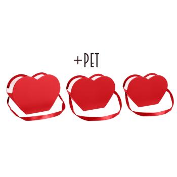 SADA PAPIEROVÝCH ŠKATULIEK S PLASTOVOU VLOŽKOU, 3 KUSY, V TVARE SRDCA, SO ZÁLOŽKOU SO STUHOU, ČERVENÁ