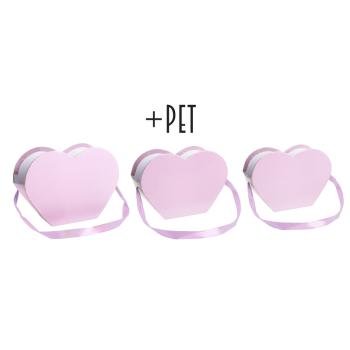 SADA PAPIEROVÝCH ŠKATULIEK S PLASTOVOU VLOŽKOU, 3 KUSY, V TVARE SRDCA, SO STUHOU, RUŽOVÁ