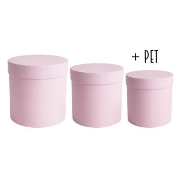 SADA PAPIEROVÝCH ŠKATULIEK S PLASTOVOU VLOŽKOU, 3 KUSY, OKRÚHLY TVAR, VINTAGE RUŽOVÁ