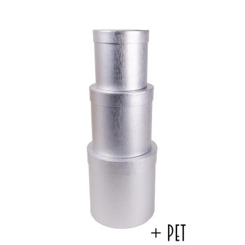 SADA PAPIEROVÝCH ŠKATULIEK S PLASTOVOU VLOŽKOU, 3 KUSY, OKRÚHLY TVAR, EXKLUZÍVNA STRIEBORNÁ