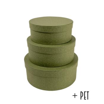 SADA PAPIEROVÝCH KRABÍC S PLASTOVOU VLOŽKOU, 3 KUSY, OKRÚHLE, KRAFTOVO ZELENÉ