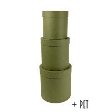 SADA PAPIEROVÝCH KRABÍC S PLASTOVOU VLOŽKOU, 3 KUSY, OKRÚHLE, KRAFTOVO ZELENÉ