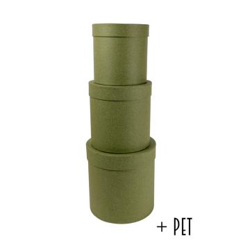 SADA PAPIEROVÝCH KRABÍC S PLASTOVOU VLOŽKOU, 3 KUSY, OKRÚHLE, KRAFTOVO ZELENÉ