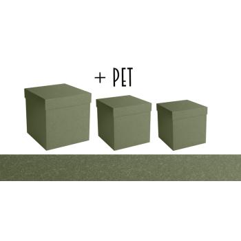 SADA PAPIEROVÝCH ŠKATÚĽ S PLASTOVOU VLOŽKOU, 3 KUSY, KOCKA, KRAFTOVO ZELENÁ