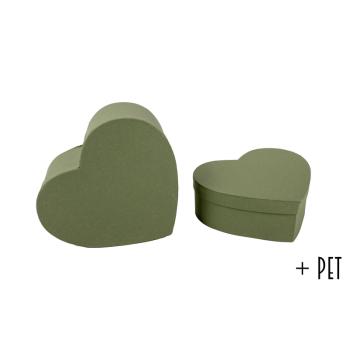 SADA PAPIEROVÝCH KRABÍC S PLASTOVOU VLOŽKOU, 2 KUSY, V TVARE SRDCA, KRAFTOVO ZELENÁ