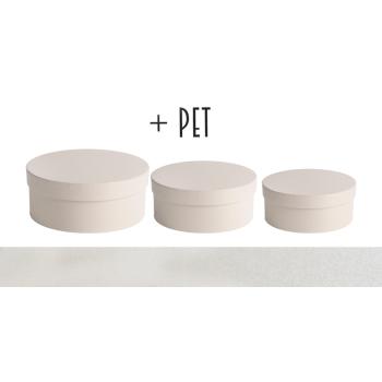 SADA PAPIEROVÝCH ŠKATULIEK S PLASTOVOU VLOŽKOU, 3 KUSY, OKRÚHLY TVAR, ŠPECIÁLNA PERLEŤOVÁ VANILKA