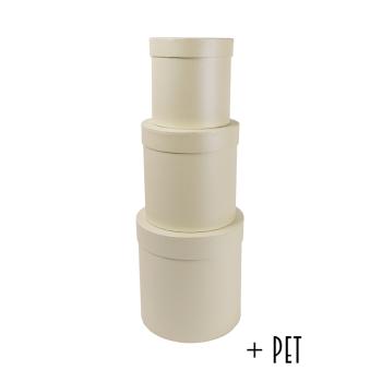 SADA PAPIEROVÝCH ŠKATULIEK S PLASTOVOU VLOŽKOU, 3 KUSY, OKRÚHLY TVAR, ŠPECIÁLNA PERLEŤOVÁ VANILKA