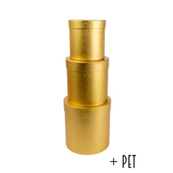 SADA PAPIEROVÝCH ŠKATULIEK S PLASTOVOU VLOŽKOU, 3 KUSY, OKRÚHLY TVAR, EXKLUZÍVNE ZLATÉ