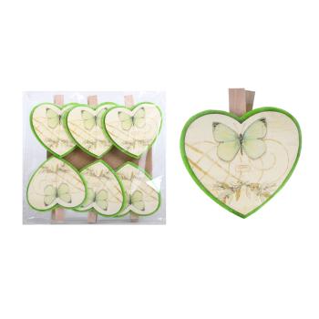 DEKOR PLSTENÉ SRDCE SO 6 PINZETAMI BIELA/ZELENÁ