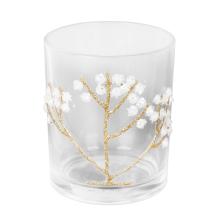 SKLENENÝ SVIETNIK SKLO S DREVENÝMI BOBUĽAMI ČÍRY