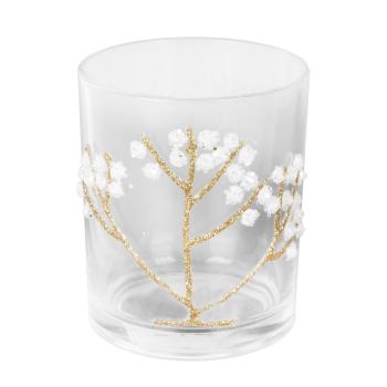 SKLENENÝ SVIETNIK SKLO S DREVENÝMI BOBUĽAMI ČÍRY