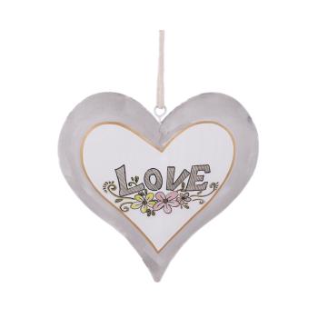 KOVOVÉ SRDCE S NÁPISOM LOVE SIVÁ/BIELA