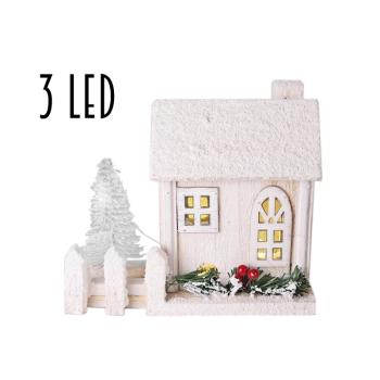 DEKOR OSVETLENÝ DREVENÝ DOMČEK S PLOTOM, 3 LED, BIELY