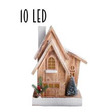 DEKOR OSVETLENIE DREVENÝ DOMČEK, DVOJITÁ STRECHA, 10 LED, BOROVICA, BIELY LESK, SPÁLENÝ PRÍRODNÝ