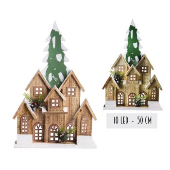 OSVETLENÝ DREVENÝ DOMČEK S 10 LED DIÓDAMI, 5 DOMČEKOV, VYSOKÁ BOROVICA